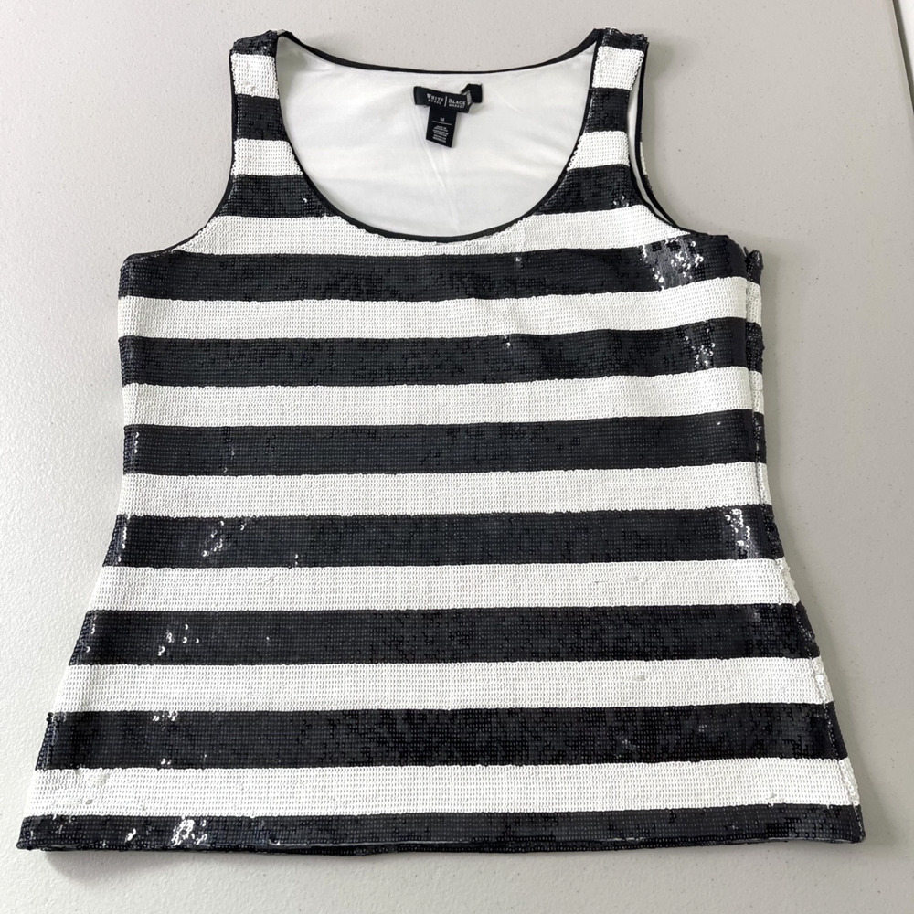 White House Black Market Women’s Medium Black White Sequin Stripe Tank Top